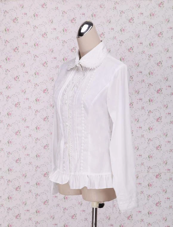 Lolitashow White Cotton Lolita Blouse Long Sleeves Waist Belt Ruffles Trim - Image 2