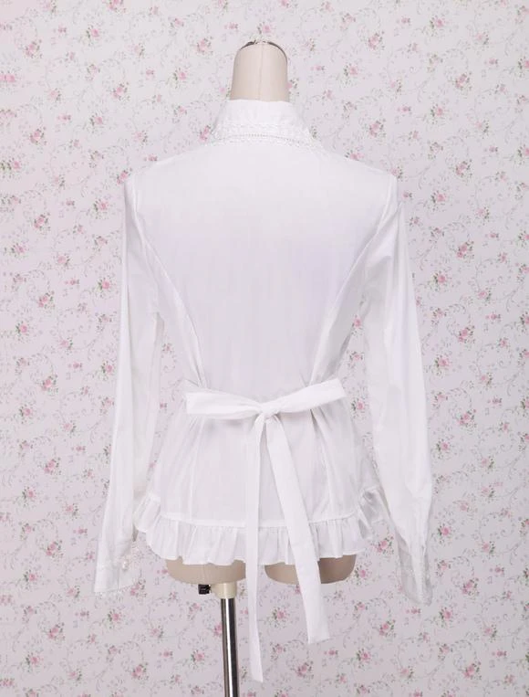 Lolitashow White Cotton Lolita Blouse Long Sleeves Waist Belt Ruffles Trim - Image 3