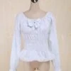 Lolitashow White Cotton Lolita Blouse Long Sleeves Shirring Bow Round Neck