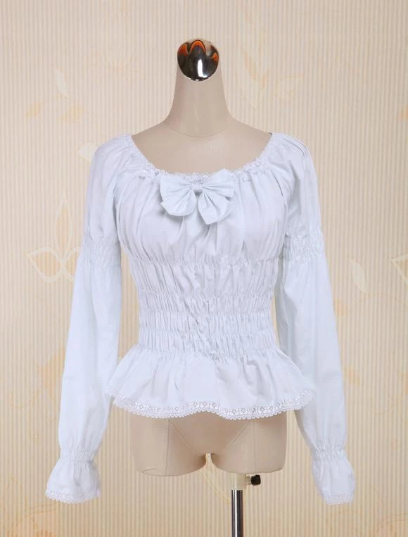 Lolitashow White Cotton Lolita Blouse Long Sleeves Shirring Bow Round Neck