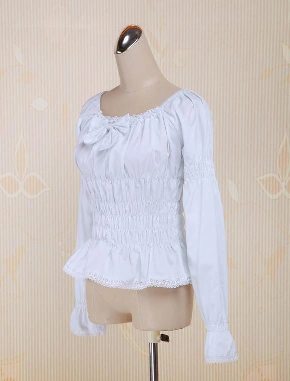 Lolitashow White Cotton Lolita Blouse Long Sleeves Shirring Bow Round Neck - Image 2