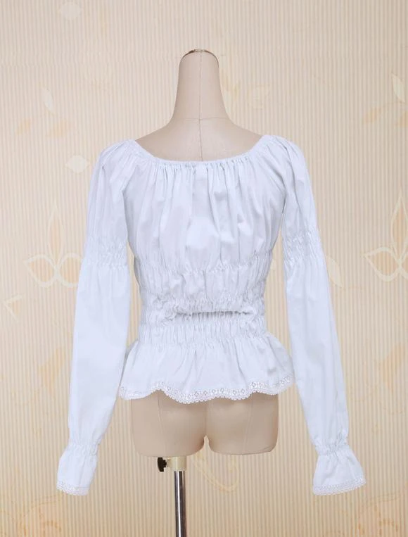 Lolitashow White Cotton Lolita Blouse Long Sleeves Shirring Bow Round Neck - Image 3