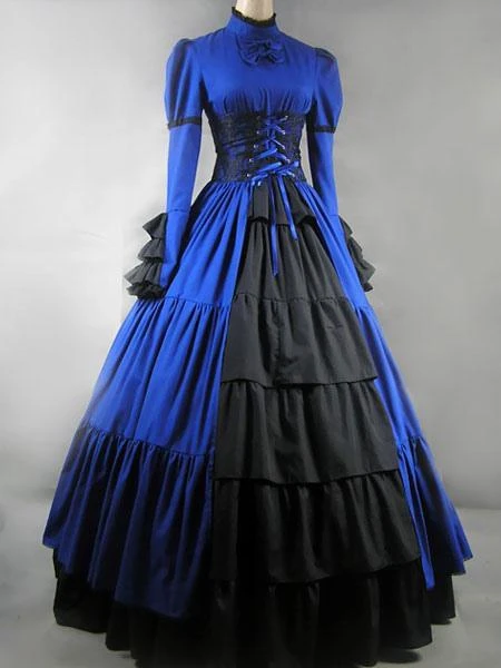 Prom Dress Victorian Dress Costume Blue Satin Ruffle Long Sleeves High Collar For Women's Victorian Era Clothing Corest Retro Outfits Halloween - Image 2