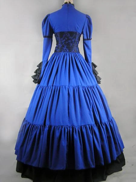 Prom Dress Victorian Dress Costume Blue Satin Ruffle Long Sleeves High Collar For Women's Victorian Era Clothing Corest Retro Outfits Halloween - Image 3