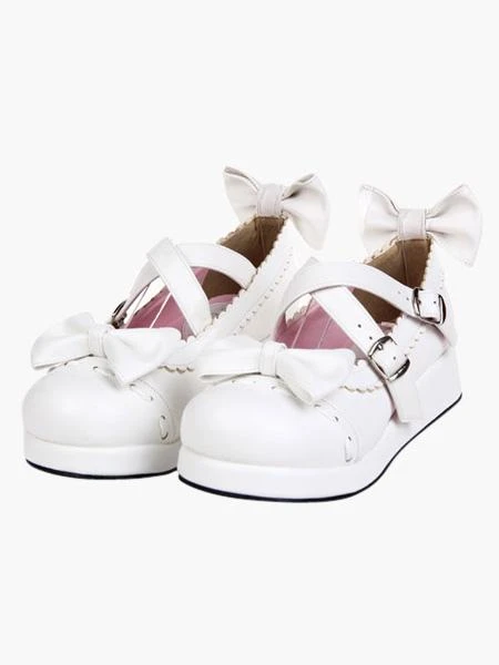Lolitashow Sweet White Lolita Flats Shoes Platform Bow Decor With Trim - Image 2