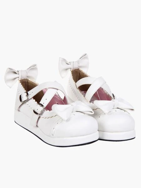 Lolitashow Sweet White Lolita Flats Shoes Platform Bow Decor With Trim - Image 3