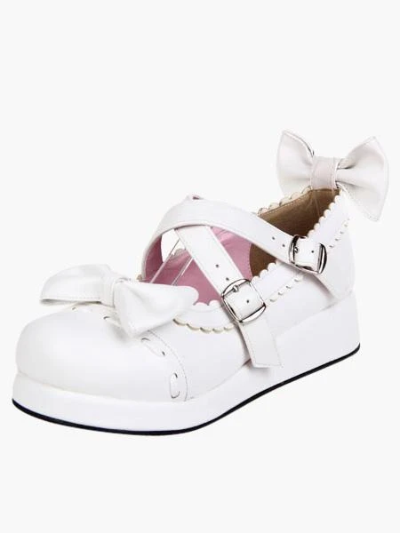 Lolitashow Sweet White Lolita Flats Shoes Platform Bow Decor With Trim - Image 4