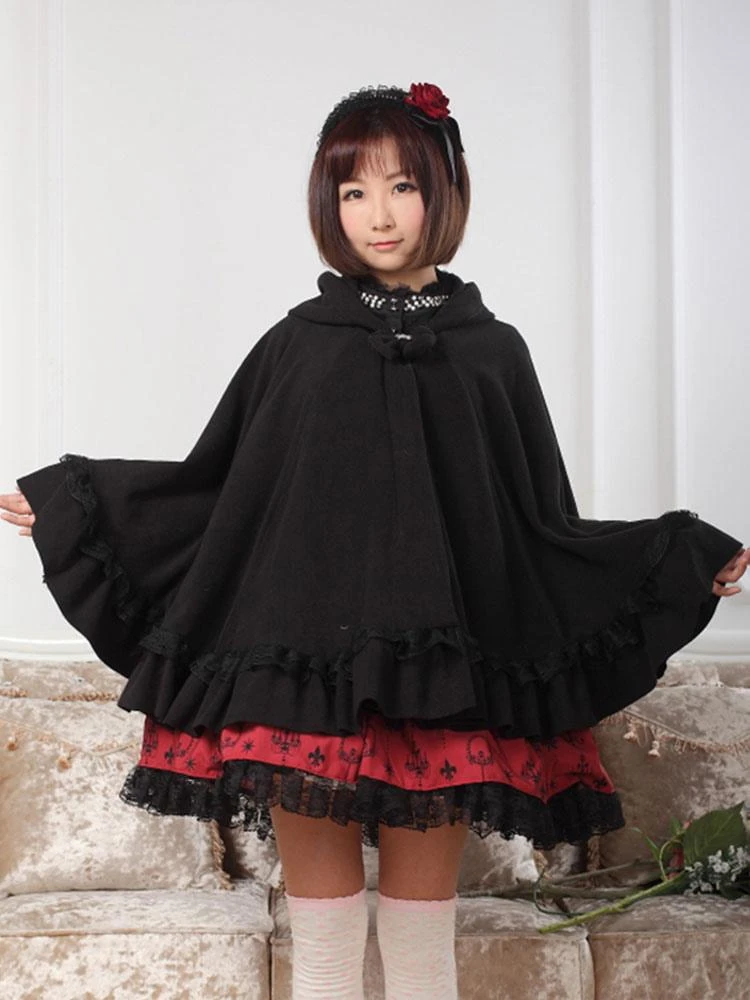Lolitashow Hooded Lolita Cape With Ruffles