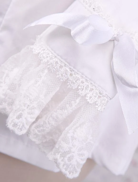 Lolitashow White Cotton Lolita Blouse Long Sleeves Lace Trim Turn-down Collar Black Bow - Image 7
