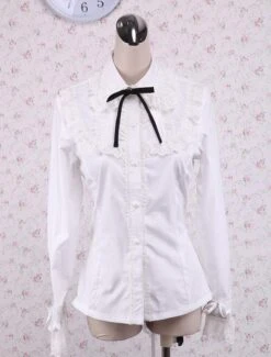 Lolitashow White Cotton Lolita Blouse Long Sleeves Lace Trim Turn-down Collar Black Bow