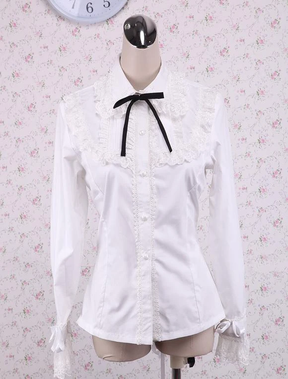 Lolitashow White Cotton Lolita Blouse Long Sleeves Lace Trim Turn-down Collar Black Bow