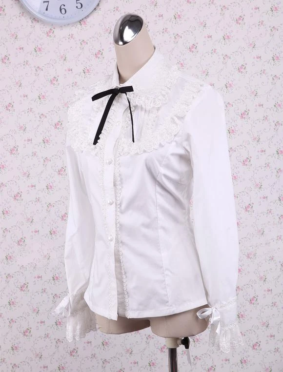 Lolitashow White Cotton Lolita Blouse Long Sleeves Lace Trim Turn-down Collar Black Bow - Image 2