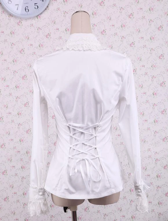 Lolitashow White Cotton Lolita Blouse Long Sleeves Lace Trim Turn-down Collar Black Bow - Image 3