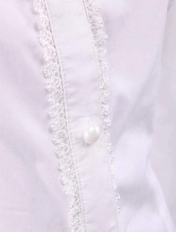 Lolitashow White Cotton Lolita Blouse Long Sleeves Lace Trim Turn-down Collar Black Bow - Image 5