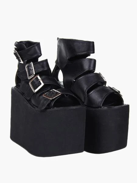 Lolitashow Lolita Sandals High Platform Shoes PU Leather With Buckles - Image 4