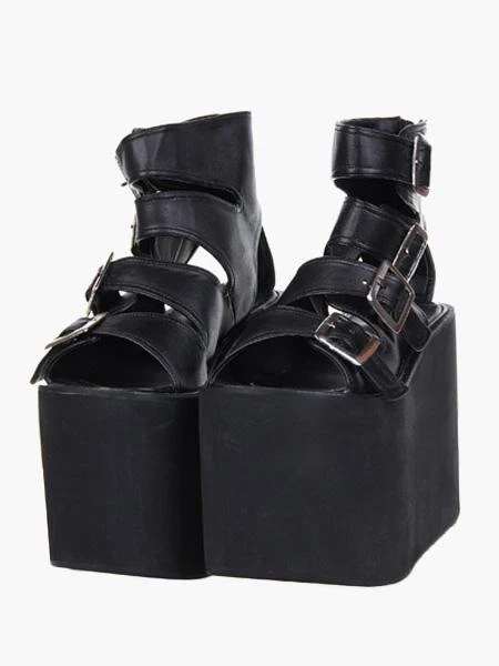 Lolitashow Lolita Sandals High Platform Shoes PU Leather With Buckles - Image 5