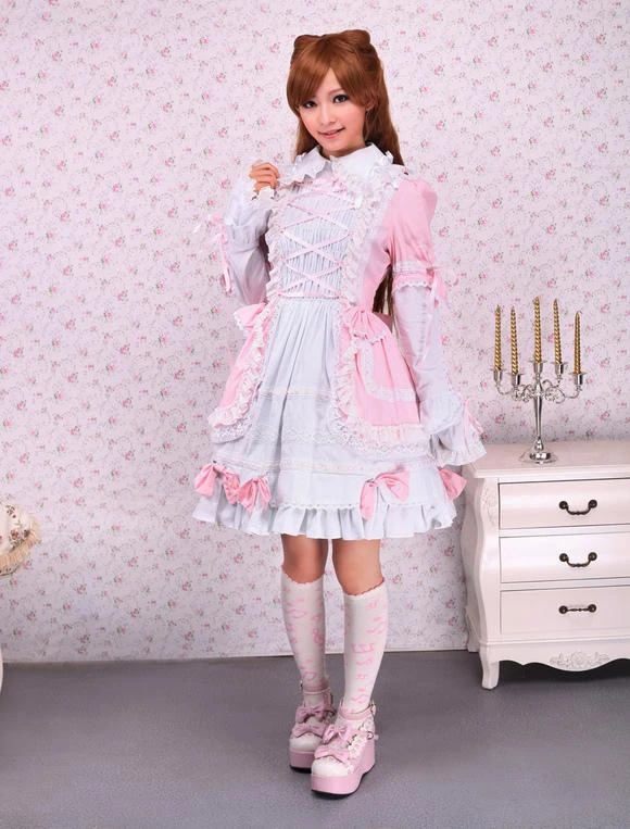 Lolitashow Pink And White Turndown Collar Front Tie Cotton Sweet Lolita Dress - Image 3