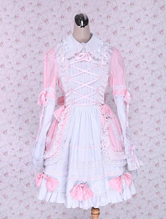 Lolitashow Pink And White Turndown Collar Front Tie Cotton Sweet Lolita Dress - Image 5