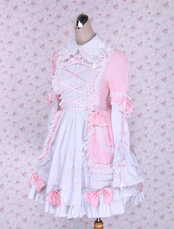 Lolitashow Pink And White Turndown Collar Front Tie Cotton Sweet Lolita Dress - Image 6