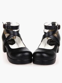 Black Lolita Heels Square Platform Ankle Straps Chunky Heel Lolita Shoes