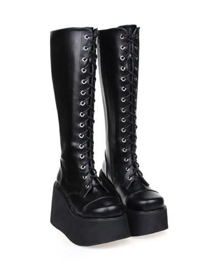 Lolitashow Black Lolita Platform Shoes Street Wear PU Leather Boots - Image 3