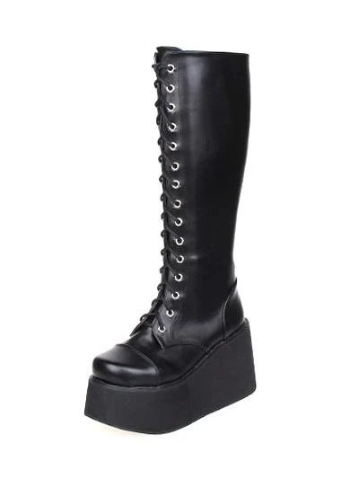 Lolitashow Black Lolita Platform Shoes Street Wear PU Leather Boots - Image 4