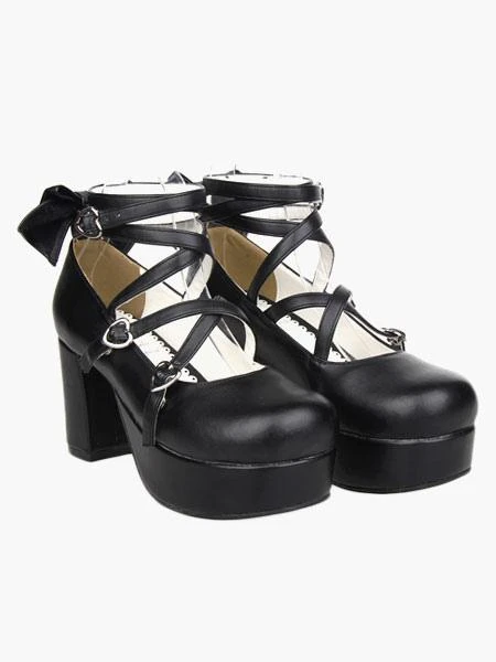 Lolitashow Black Platform Chunky Heels Lolita Shoes PU Ankle Straps Bow Decor Round Toe - Image 3