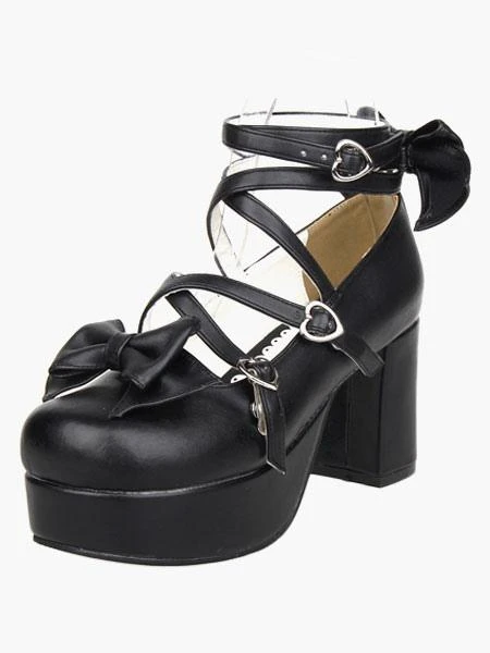 Lolitashow Black Platform Chunky Heels Lolita Shoes PU Ankle Straps Bow Decor Round Toe - Image 4