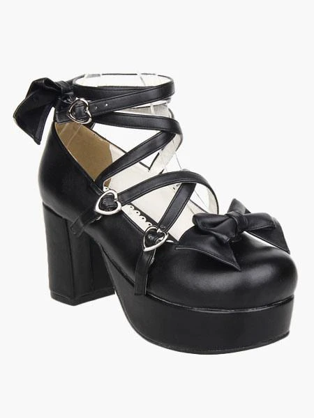 Lolitashow Black Platform Chunky Heels Lolita Shoes PU Ankle Straps Bow Decor Round Toe - Image 5