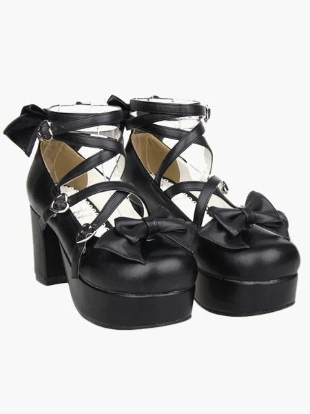 Lolitashow Black Platform Chunky Heels Lolita Shoes PU Ankle Straps Bow Decor Round Toe - Image 2