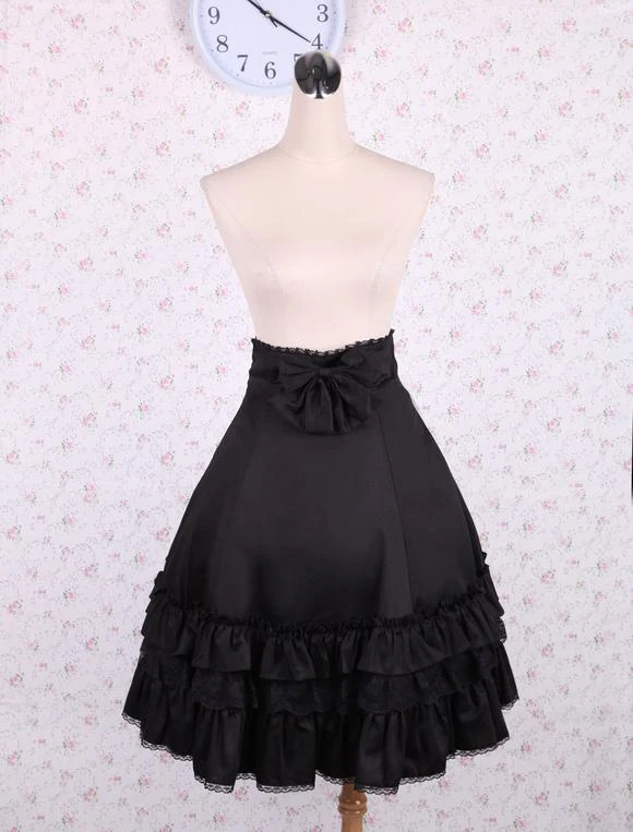 Lolitashow Elegant Black High Waist Lolita Skirt Ruffles Bow And Lace Trim
