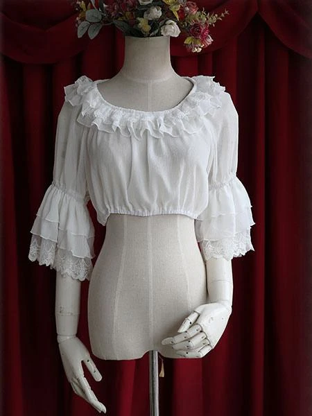 Lolitashow White Chiffon Lolita Blouse Middle Hime Sleeves Lace Trim High Waist