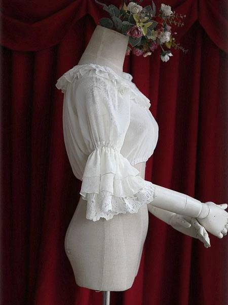 Lolitashow White Chiffon Lolita Blouse Middle Hime Sleeves Lace Trim High Waist - Image 7