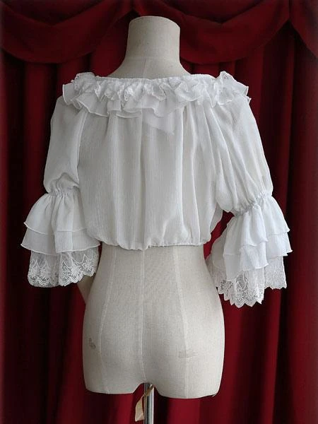Lolitashow White Chiffon Lolita Blouse Middle Hime Sleeves Lace Trim High Waist - Image 8