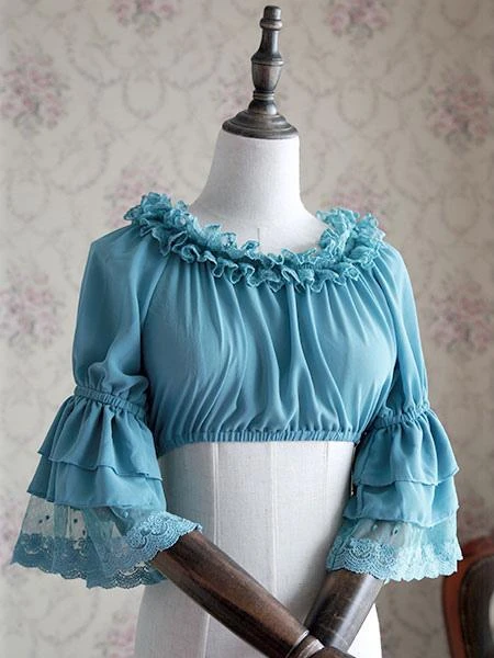 Lolitashow White Chiffon Lolita Blouse Middle Hime Sleeves Lace Trim High Waist - Image 4