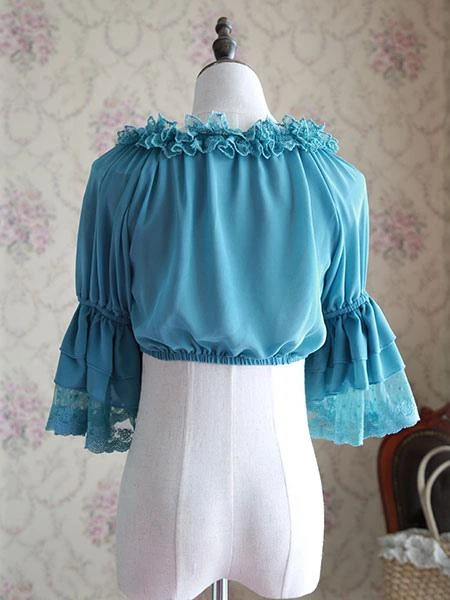 Lolitashow White Chiffon Lolita Blouse Middle Hime Sleeves Lace Trim High Waist - Image 9