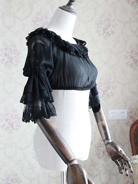 Lolitashow White Chiffon Lolita Blouse Middle Hime Sleeves Lace Trim High Waist - Image 10