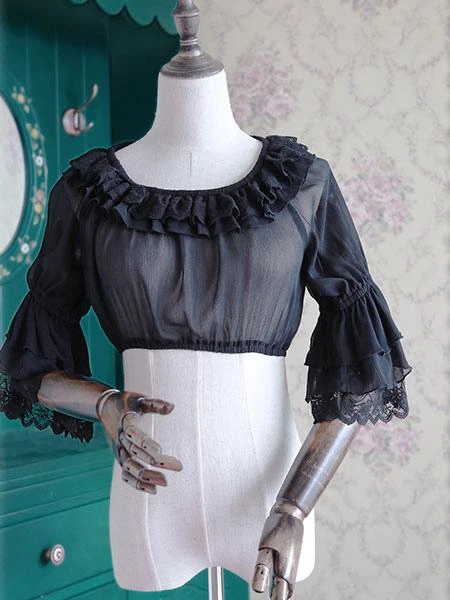 Lolitashow White Chiffon Lolita Blouse Middle Hime Sleeves Lace Trim High Waist - Image 2