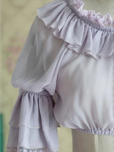 Lolitashow White Chiffon Lolita Blouse Middle Hime Sleeves Lace Trim High Waist - Image 11