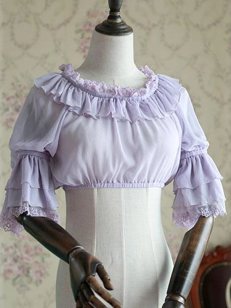 Lolitashow White Chiffon Lolita Blouse Middle Hime Sleeves Lace Trim High Waist - Image 6