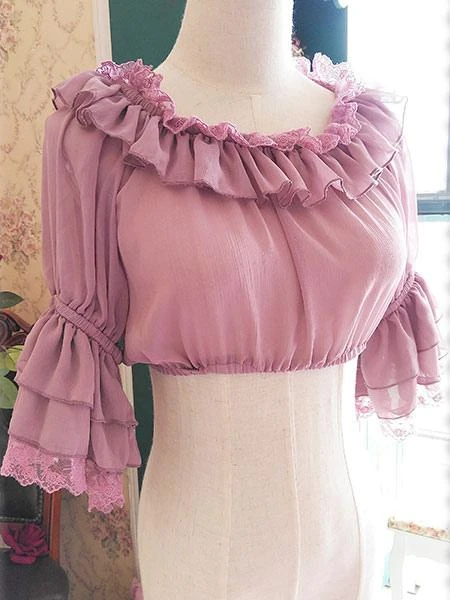 Lolitashow White Chiffon Lolita Blouse Middle Hime Sleeves Lace Trim High Waist - Image 5