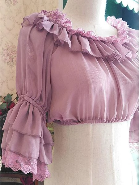 Lolitashow White Chiffon Lolita Blouse Middle Hime Sleeves Lace Trim High Waist - Image 13