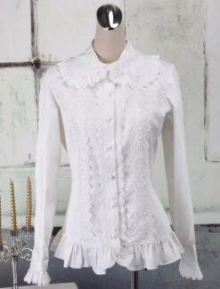 Lolitashow Sweet White Cotton Lolita Blouse Long Sleeves Ruffles Lace Trim Turn-down Collar