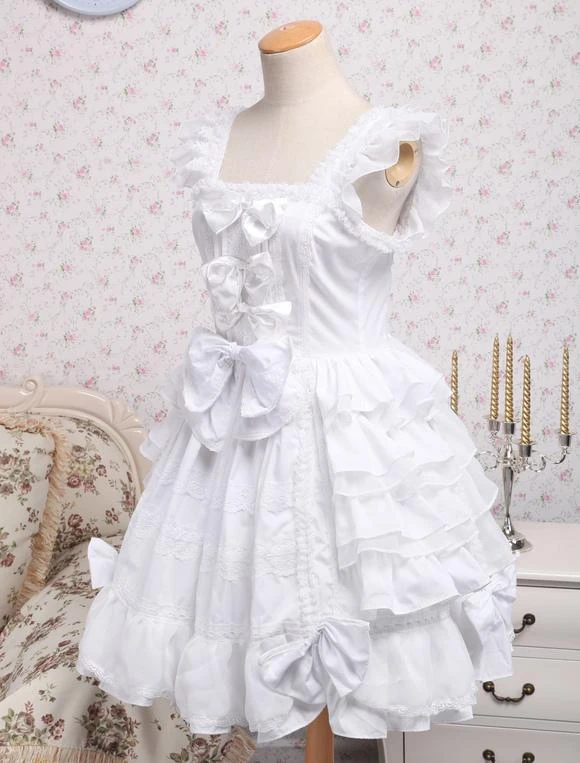 Rococo Lolita JSK Dress Lace Bow Ruffle White Cotton Lolita Jumper Skirt - Image 2