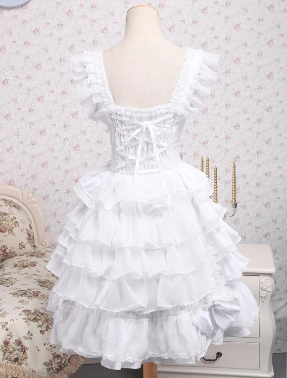 Rococo Lolita JSK Dress Lace Bow Ruffle White Cotton Lolita Jumper Skirt - Image 3