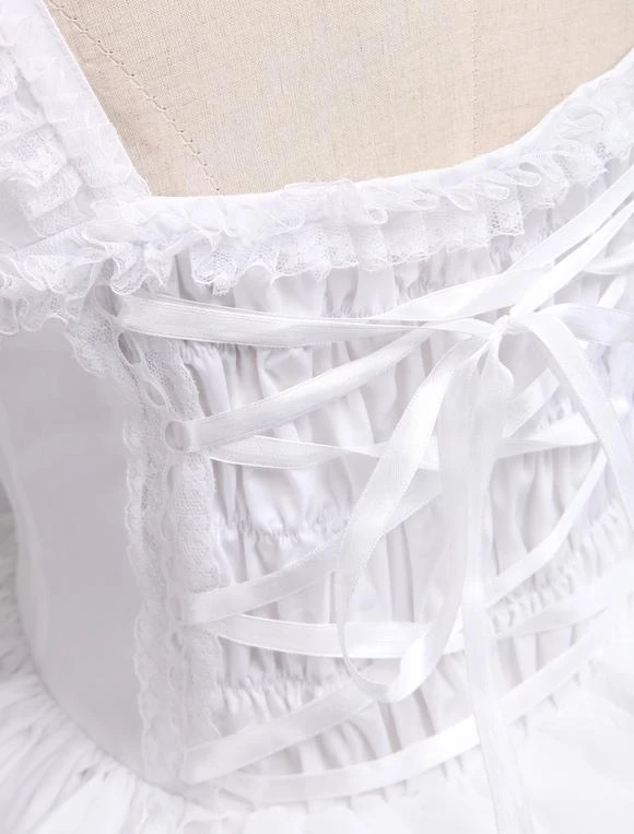 Rococo Lolita JSK Dress Lace Bow Ruffle White Cotton Lolita Jumper Skirt - Image 6