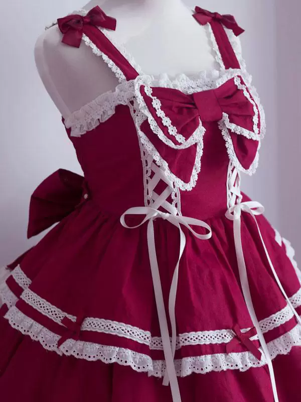 Sweet Lolita JSK Dress Bow Ruffles Lace Up Lolita Jumper Skirts - Image 4