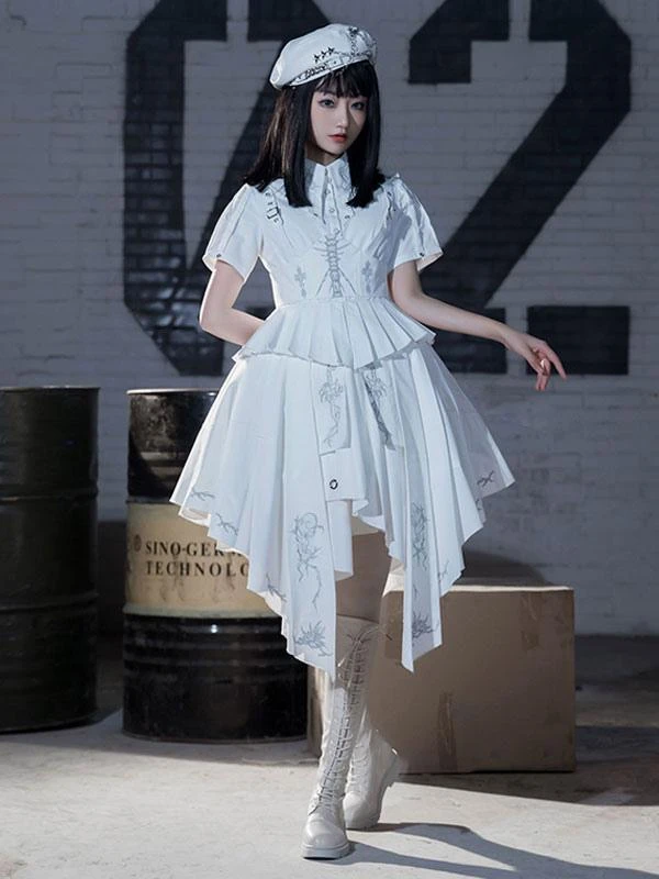 Military Style Gothic Lolita OP Dress Side Draping Short Sleeve White Lolita One Piece Dress - Image 2