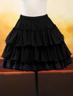 Lolitashow Black Chiffon Lolita Skirt Layers Ruffles Lace Trim
