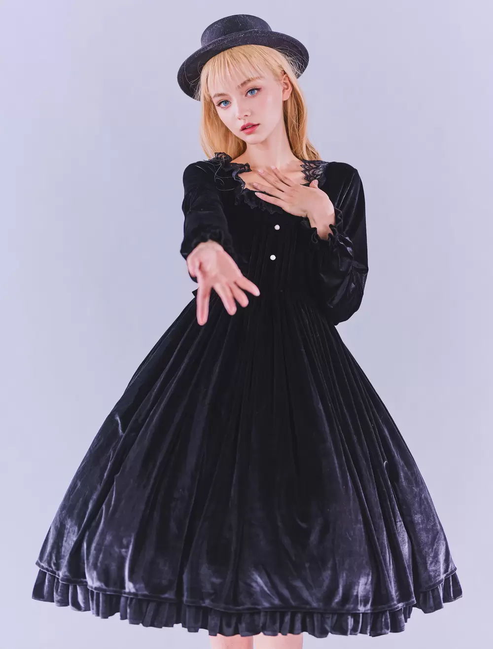 Lolitashow Exclusive Gothic Lolita Dresses Ruffles Lace Black Long Sleeve Velour Daily Casual Dress - Image 6